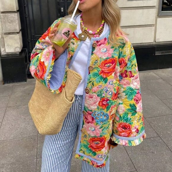 Jackets & Blazers - Multicolor Casual Women's Floral Puffer Quilted Jacket Vintage Flower Print Butt